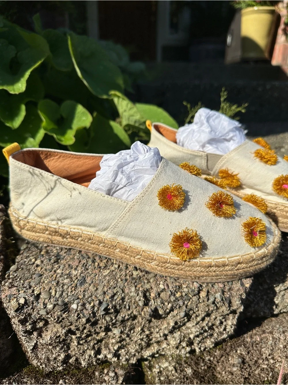 Sylvia cobos boho Women’s Cream Espadrille Slip-Ons with Yellow floral poms